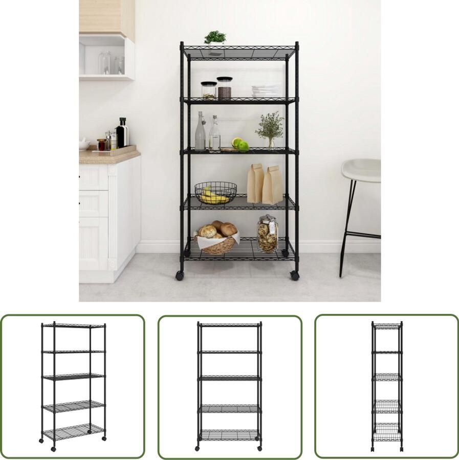 The Living Store Opbergrek 5-laags met wielen 250 kg 75x35x155 cm zwart Opslagrek Industrieel Design Metalen Kast Zware Last Dragen Multifunctioneel