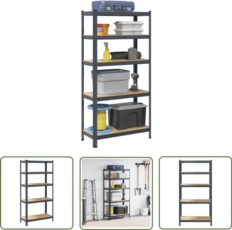 The Living Store Opbergrek 5-laags staal & bewerkt hout antracietkleurig Opbergkast Metalen Kast Opslagruimte Gereedschapsschuur Garage Organisatie