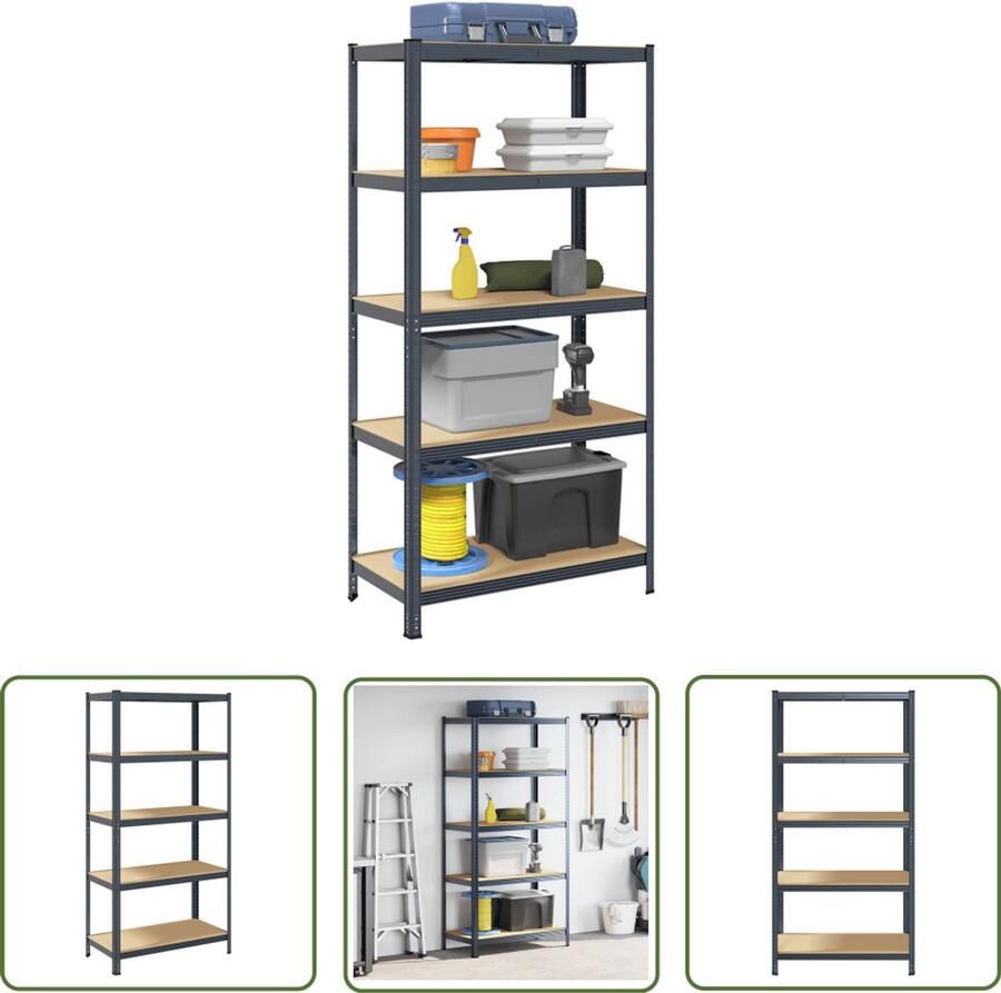 The Living Store Opbergrek 5-laags staal & bewerkt hout antracietkleurig Opslagkast Industriele Kast Metalen Kast Houten Kast Garage Opbergkast