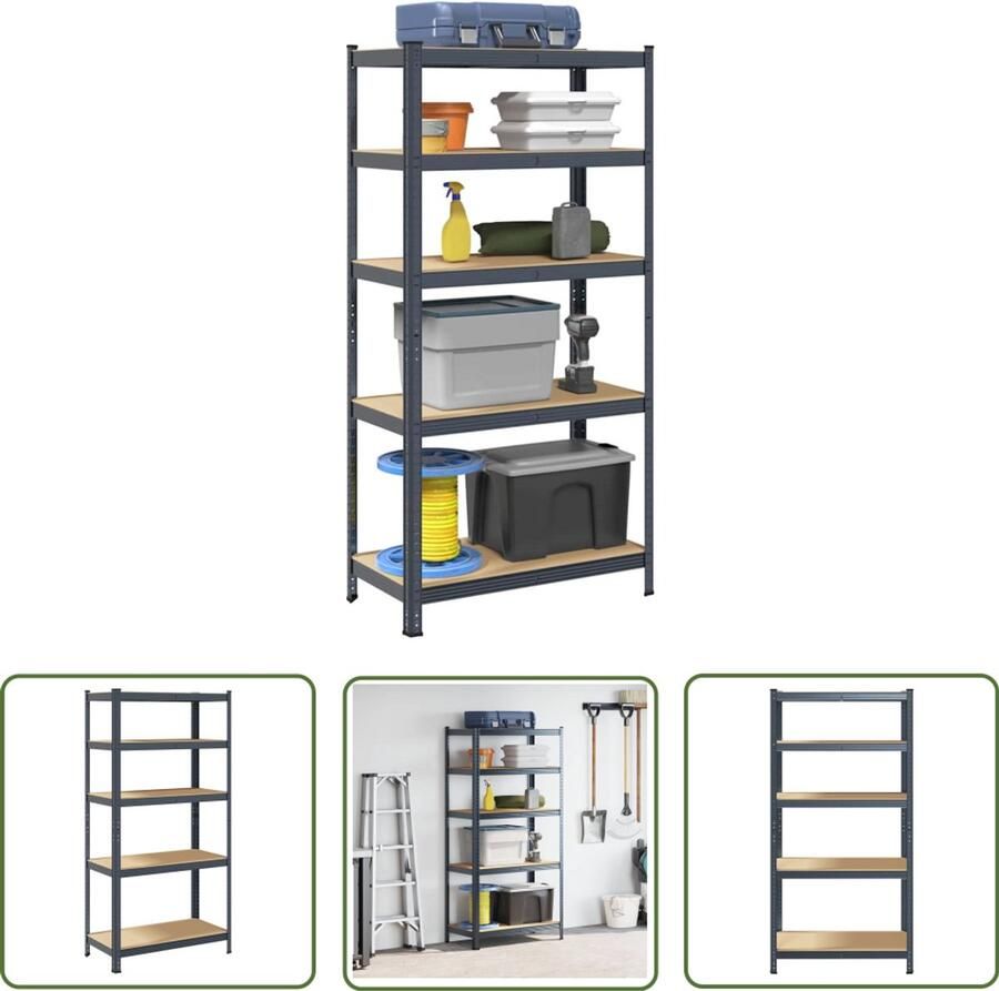 The Living Store Opbergrek 5-laags staal en bewerkt hout antracietkleurig Opslagrek Industriele Opslag Metalen Rek Zwaar Belastbaar Rek Multifunctioneel Rek