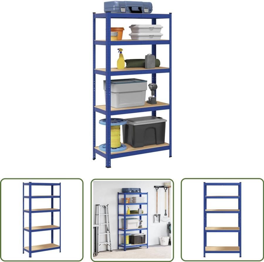 The Living Store Opbergrek 5-laags staal & bewerkt hout blauw Opbergrek Metalen Opbergkast Garage Kast Werkplaats Organisatie Opslag Oplossing