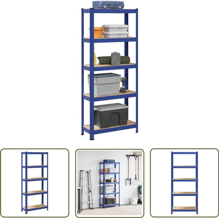 The Living Store Opbergrek 5-laags staal & bewerkt hout blauw Opbergrek Opslagkast Garageopslag Metalen Kast Houten Kast