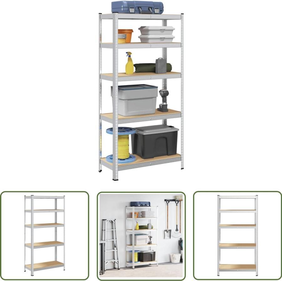 The Living Store Opbergrek 5-laags staal en bewerkt hout zilverkleurig Opbergrek Industriele Opslag Metalen Kast Magazijnkast Garage Organisatie