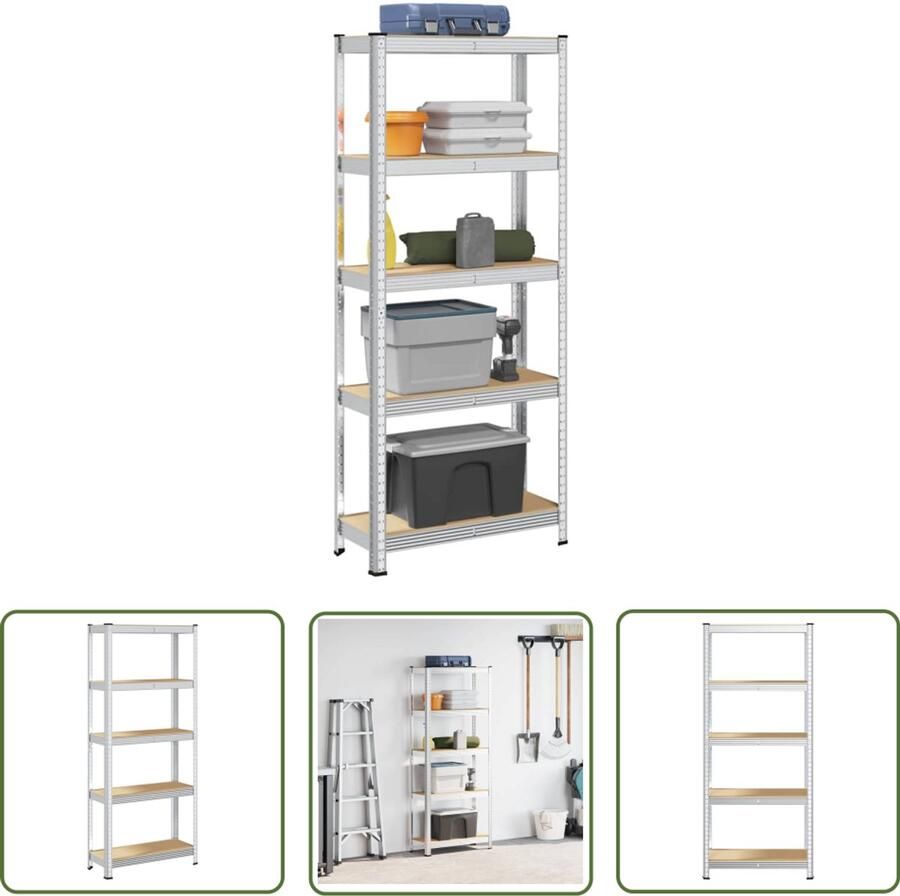 The Living Store Opbergrek 5-laags staal en bewerkt hout zilverkleurig Opslagrek Industriele Opslag Metalen Rek Houten Plank Multifunctioneel Opbergsysteem