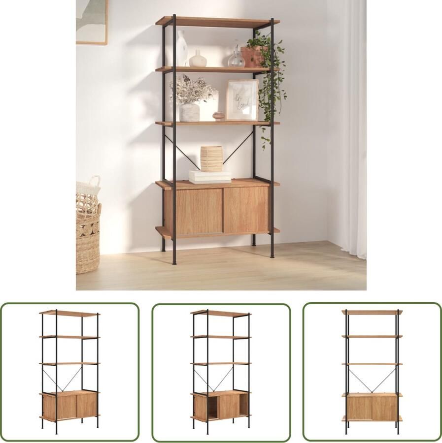 The Living Store Opbergrek 5-laags met kast 80x40x163 cm staal en bewerkt hout Opslagruimte Boekenplank Houten Kast Bruine Kast Multifunctionele Kast - Foto 2