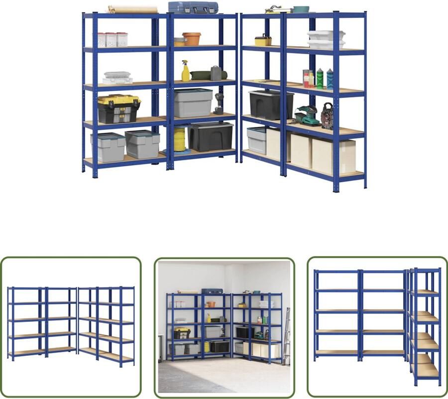 VidaXL Opbergrekken 4 st 5-laags blauw Opslagrek Industriele Opslag Metalen Opbergkast Garage Organisatie Gereedschapsschuif