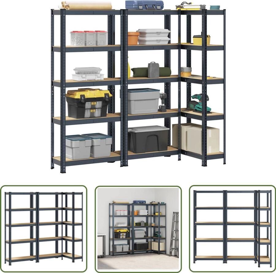 The Living Store Opbergrekken 5-laags 3 st staal & bewerkt hout antracietkleurig Opbergplanken Industriele Opslag Metalen Opbergkast Garage Opslag Wandmontage