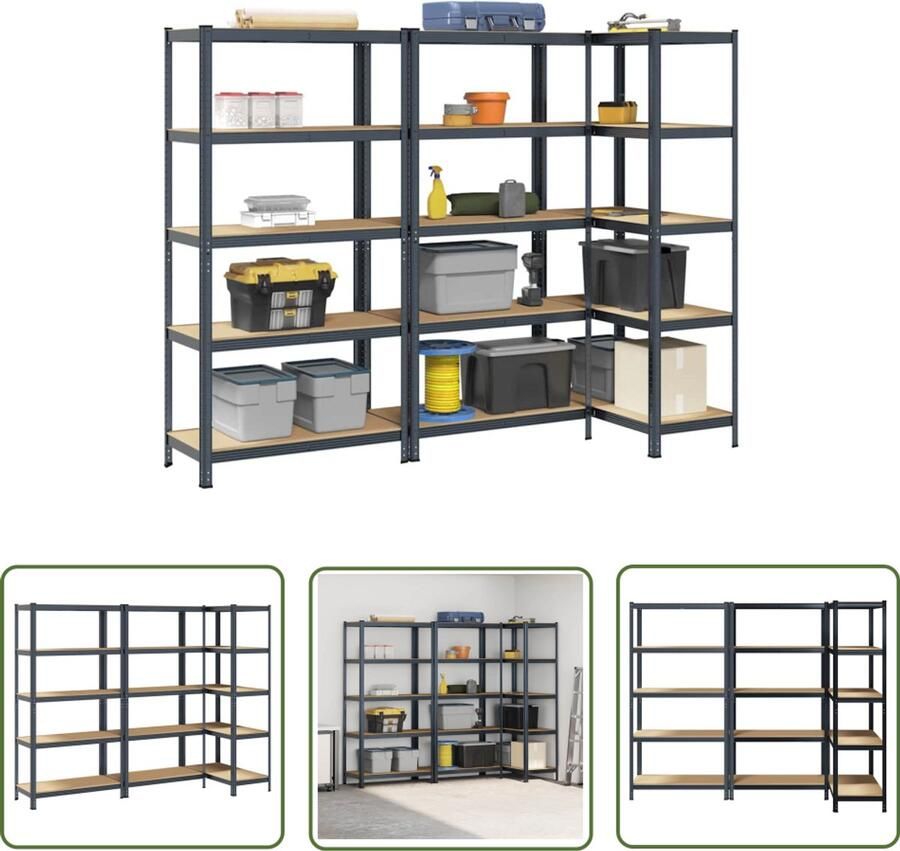 The Living Store Opbergrekken 5-laags 3 st staal & bewerkt hout antracietkleurig Opslag Rek Garage Opbergkast Metalen Opbergsysteem Robuust Opberghek Multifunctionele Kast