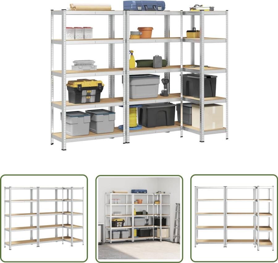 The Living Store Opbergrekken 5-laags 3 st staal en bewerkt hout zilverkleurig Opslagrek Industriele Opslag Metalen Opbergkast Zwaar Belastbaar Rek Magazijn Organisatie