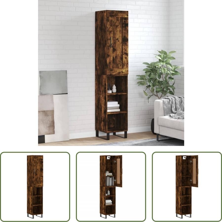 The Living Store Hoge kast 34 5x34x180 cm bewerkt hout gerookt eikenkleurig Hoge Kast Dressoir Buffetkast Opbergkast Houten Kast