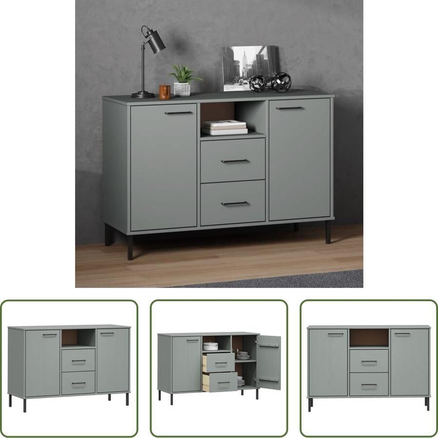 The Living Store Dressoir met metalen poten OSLO 113x40x77 cm grenenhout grijs Dressoir Industrieel Design Hout Meubel Grenenhouten Dressoir Grijze Dressoir