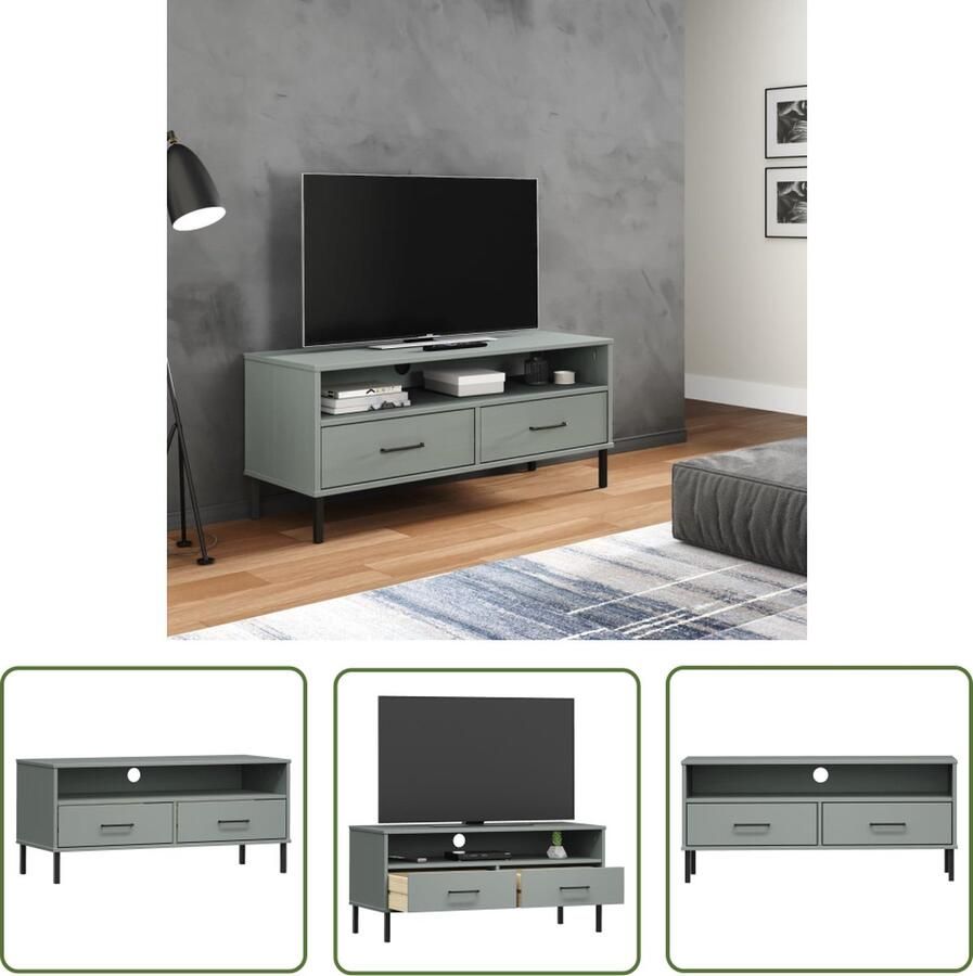 The Living Store OSLO TV-meubel 106 x 40 x 46.5 cm Massief grenenhout Grijs Met lades - Foto 2