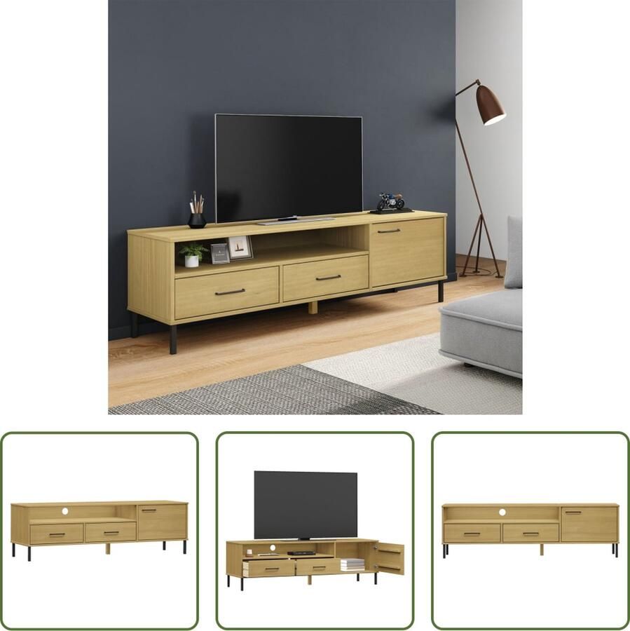 The Living Store OSLO Houten Televisiekast 158x40x46.5 cm Massief grenenhout 4 vakken Metalen poten - Foto 2