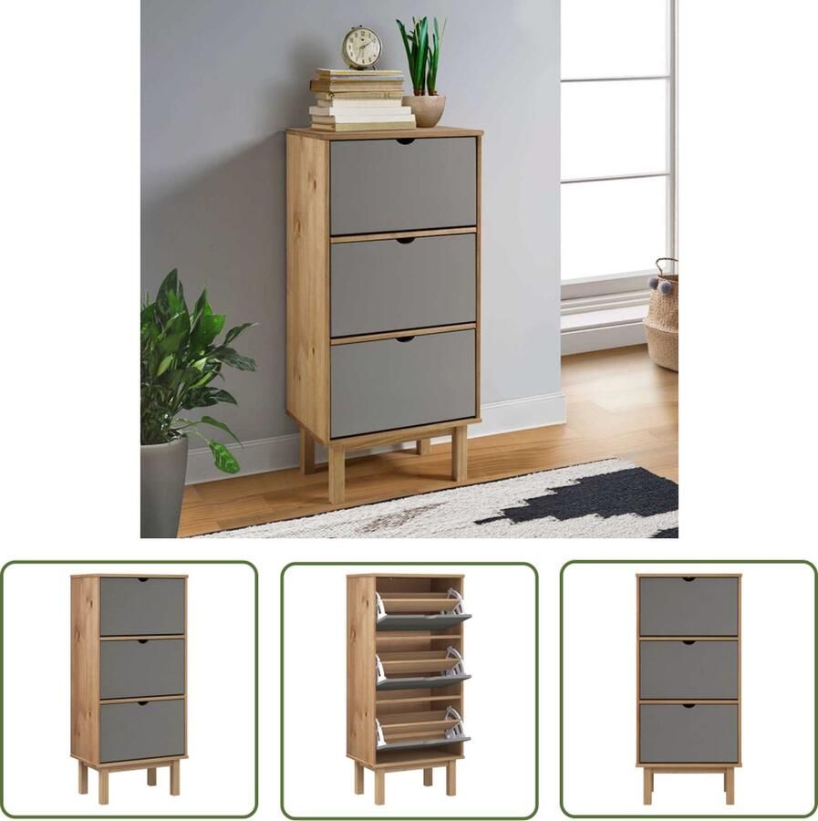 The Living Store OTTA Schoenenkast 55 x 35 x 120 cm Massief grenenhout 3 kieplades Schoenenkast Grenenhouten Schoenenkast Schoenenopbergers Entree Organisatie Garderobe - Foto 3