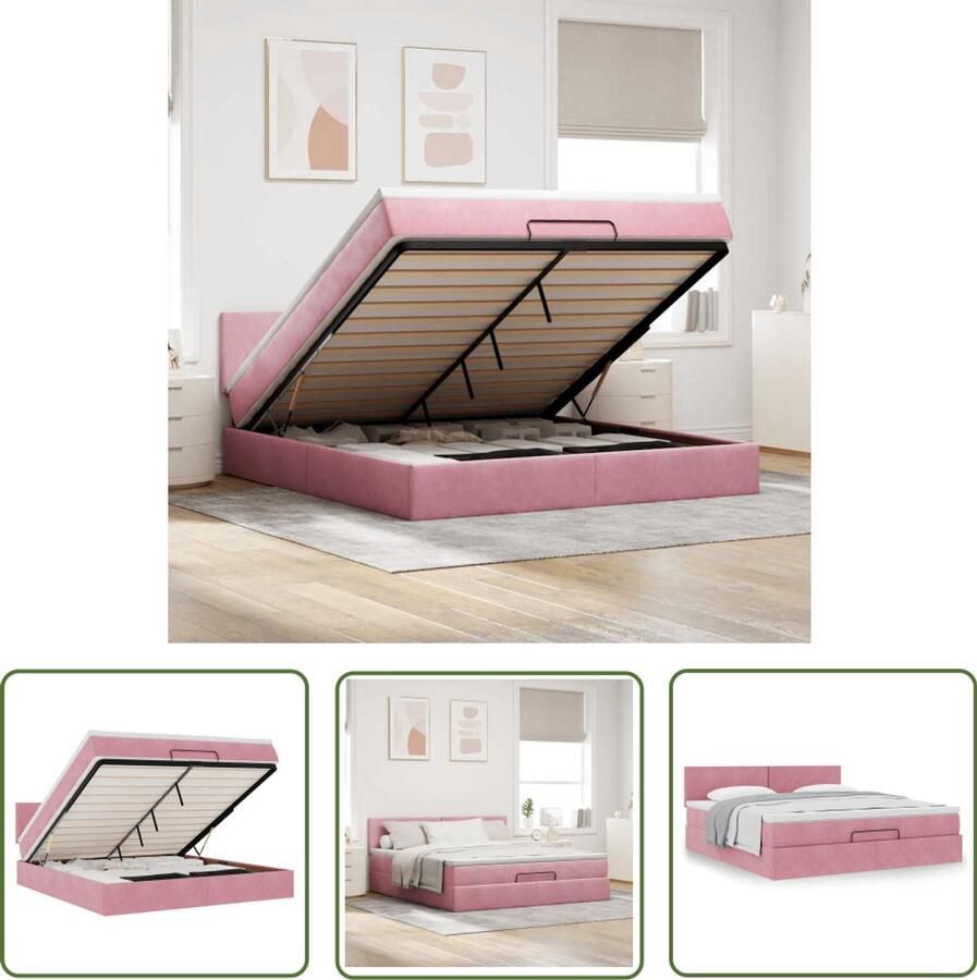 The Living Store Ottoman bed met matras 180x200 cm fluweel roze Ottoman Bed Boxspring Bed Tweepersoon Bed Comfortabel Bed Luxe Bed
