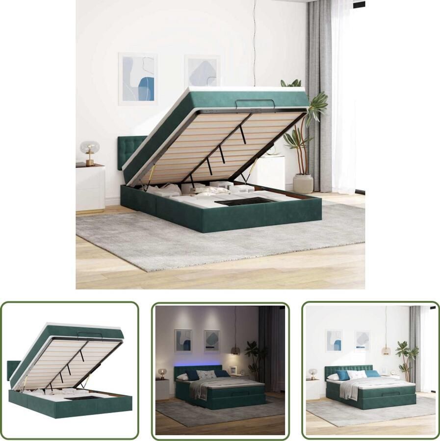 The Living Store Ottoman bed met matras en LED's 140x200cm fluweel donkergroen Ottoman Bed Boxspring Bed Tweepersoons Bed Leder Look Velvet Bed
