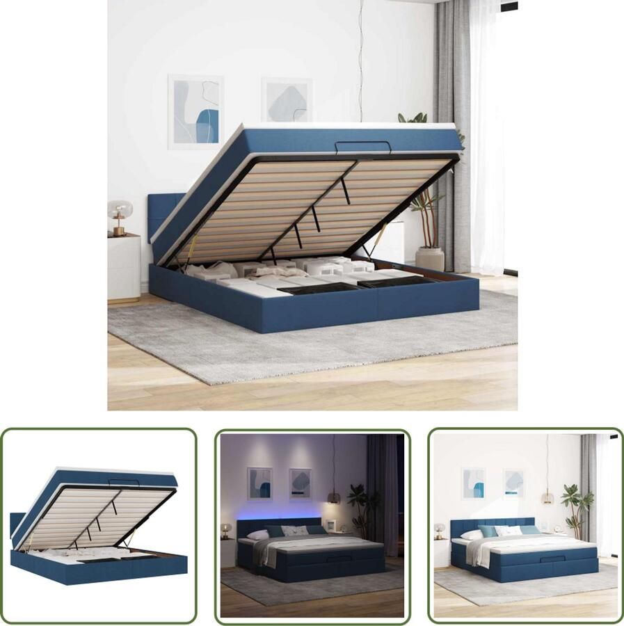 The Living Store Ottoman bed met matras en LED's 160x200cm stof blauw Ottoman Bed Boxspring Bed Tweepersoons Bed Slaapcomfort Led Verlichting