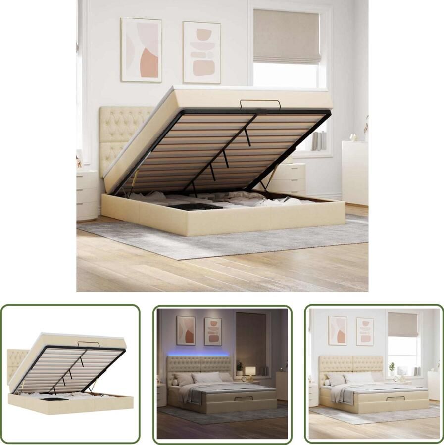 The Living Store Ottoman bed met matras en LED's 160x200cm stof crèmekleurig Ottoman Bed Boxspring Bed Tweepersoons Bed Led Lampen Slaapcomfort