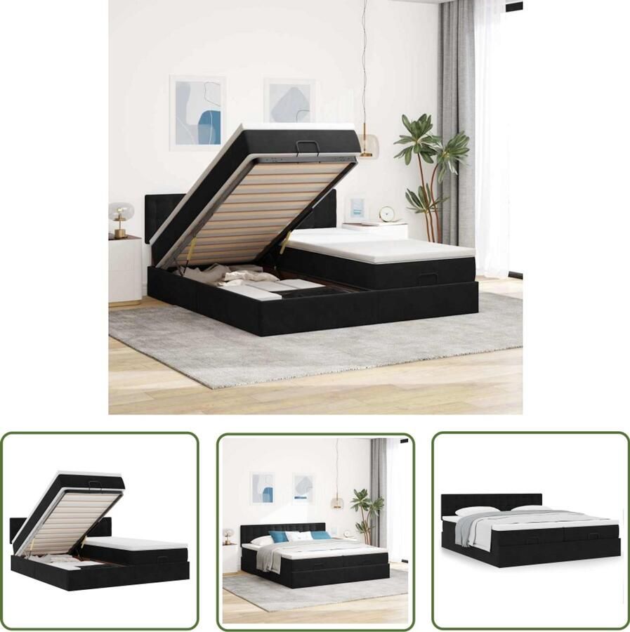 The Living Store Ottoman bed met matrassen 180x200cm fluweel zwart Comfortabel Bed Ottoman Bed Boxspring Bed Zwevende Bed Stapelbaar Bed