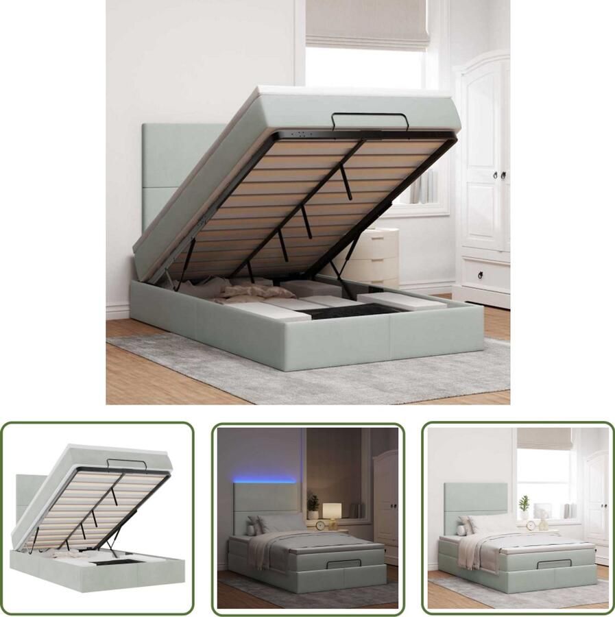 The Living Store Ottoman bed met matrassen en LED's 120x190cm fluweel lichtgrijs Ottoman Bed Boxspring Bed Tweepersoonsbed Led Lamp Slaapcomfort