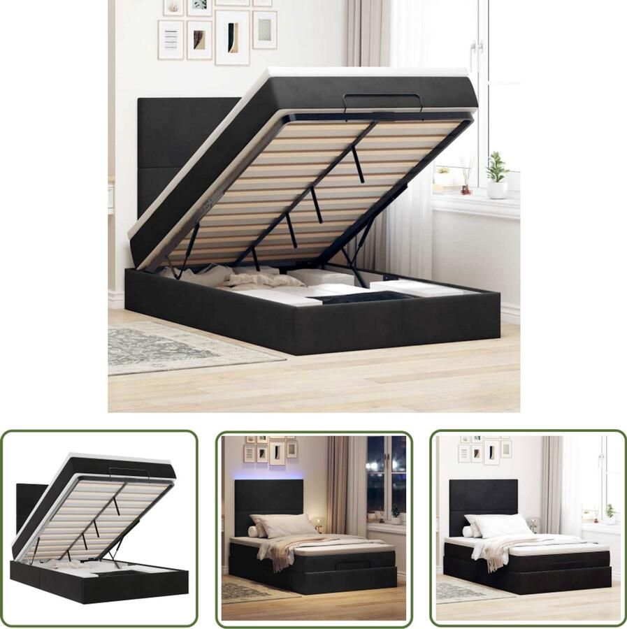 The Living Store Ottoman bed met matrassen en LED's 120x200cm fluweel zwart Ottoman Bed Boxspring Bed Tweepersoonsbed Led Lamp Slaapcomfort