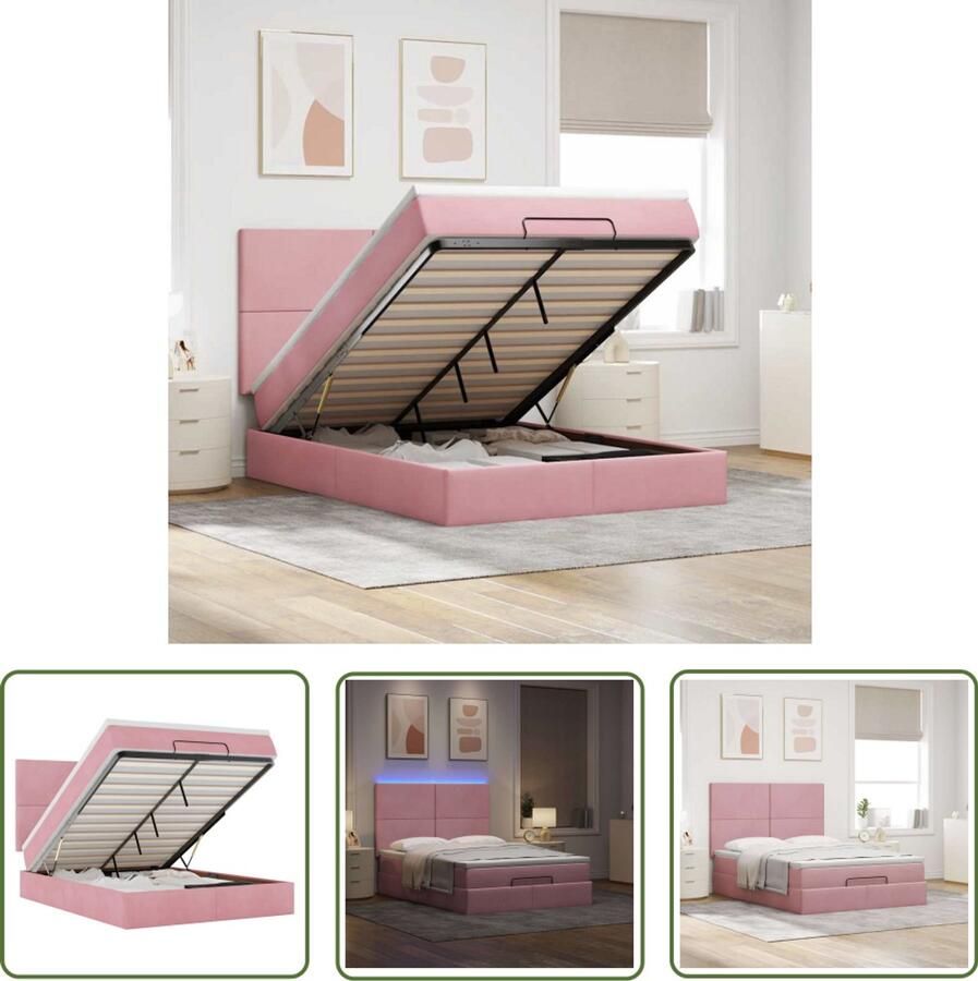The Living Store Ottoman bed met matrassen en LED's 140x190cm fluweel roze Ottoman Bed Boxspring Bed Tweepersoons Bed Comfortabel Bed Led Lampjes