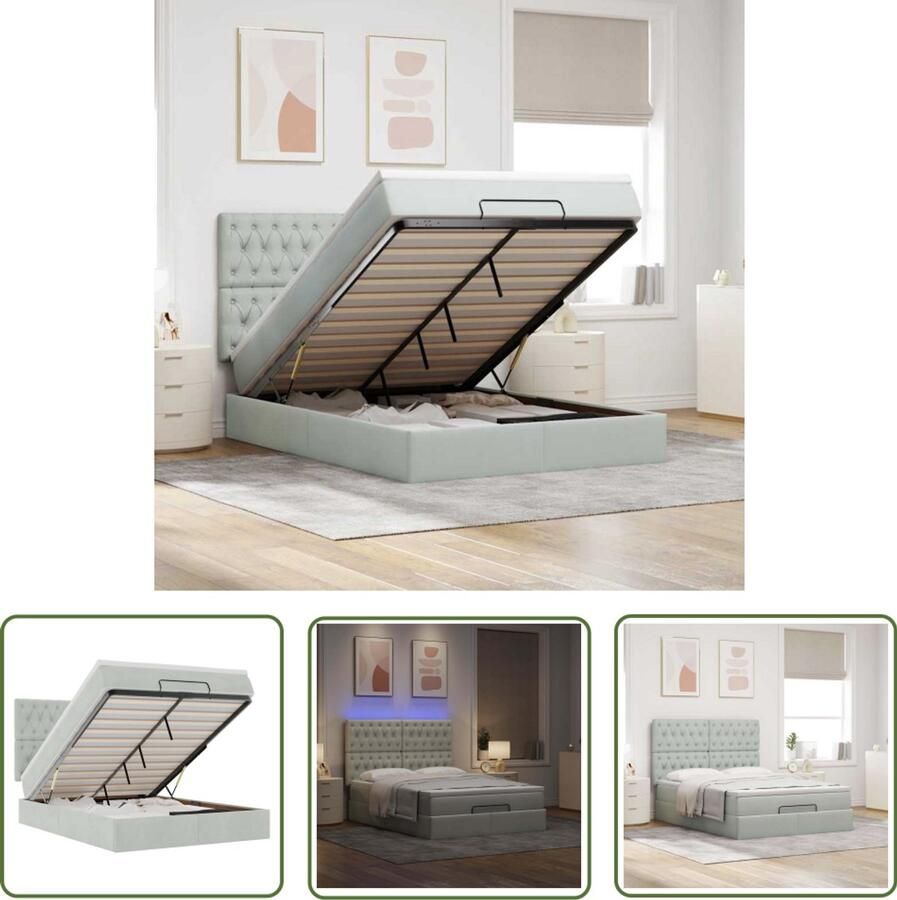 The Living Store Ottoman bed met matrassen en LED's 140x200cm fluweel lichtgrijs Ottoman Bed Boxspring Bed Tweepersoons Bed Led Bed Comfortabel Bed
