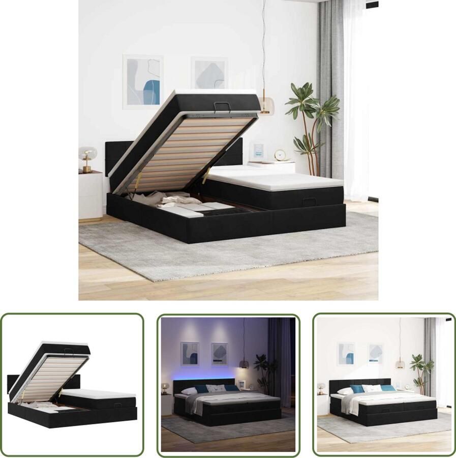 The Living Store Ottoman bed met matrassen en LED's 160x200cm fluweel zwart Ottoman Bed Boxspring Bed Velvet Bed Led Bed Zweephoofd