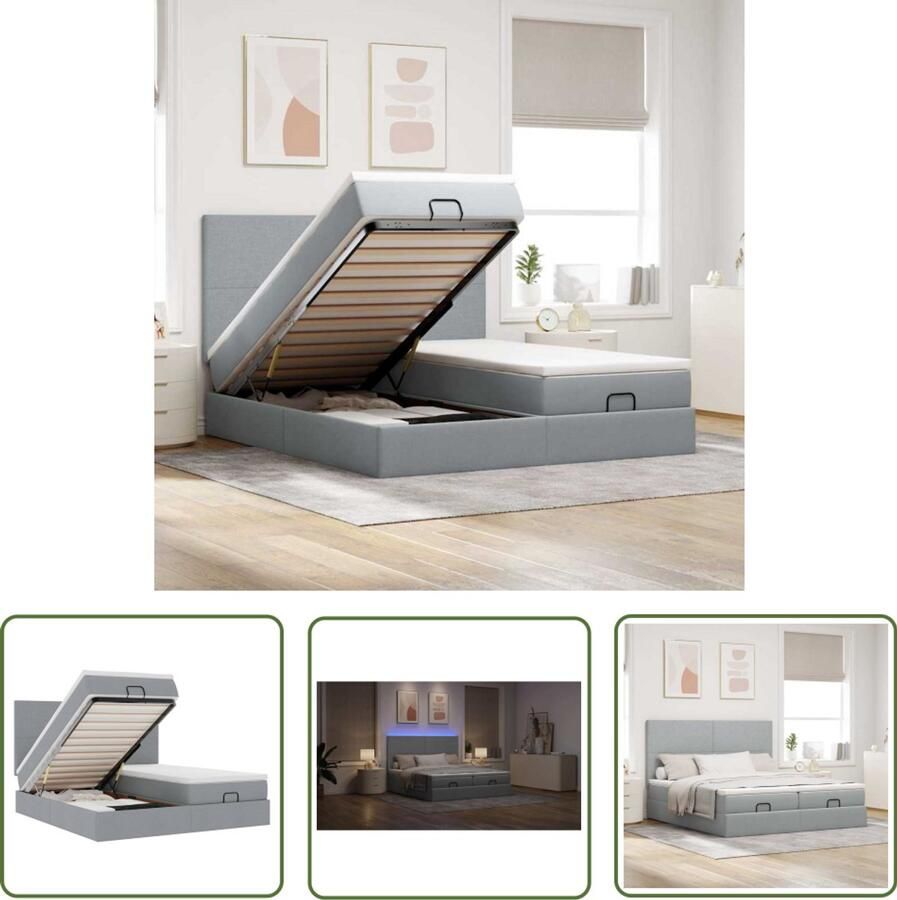 The Living Store Ottoman bed met matrassen en LED's 200x200cm stof lichtgrijs Ottoman Bed Boxspring Bed Tweepersoons Bed Led Lamp Slaapcomfort