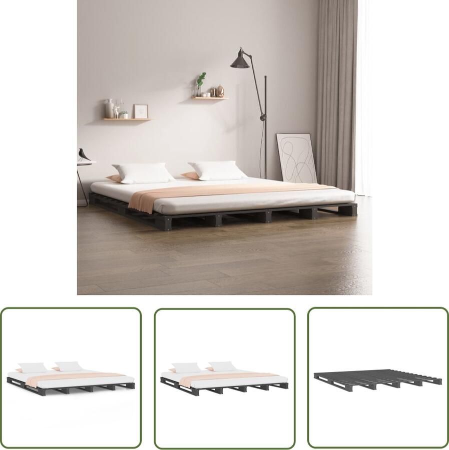 The Living Store Palletbed massief grenenhout grijs 160x200 cm Palletbed Palletbedden Bed Slaapkamermeubel Bedframe Eenpersoonsbed Tweepersoonsbed Houten Bed Frame Bedbasis