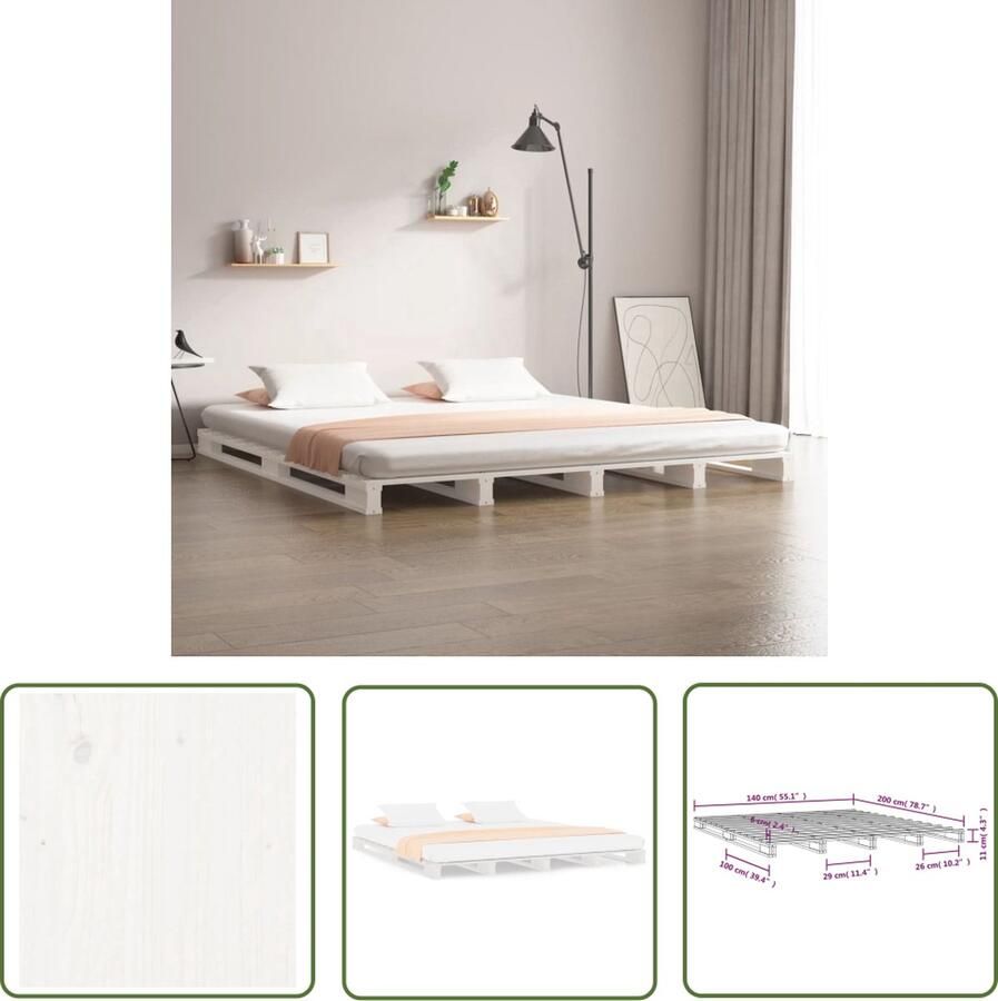 VidaXL Palletbed massief grenenhout wit 140x200 cm Palletbed Groot Formaat Bed Grenenhouten Bed Witte Bed Tweepersoonsbed