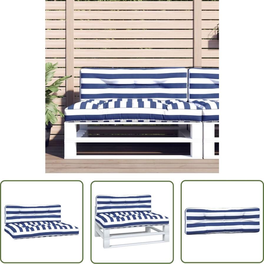 The Living Store Palletkussens 2 st stof gestreept wit en blauw Palletkussens Tuinkussens Outdoor Kussens Lounge Set Patio Meubelen