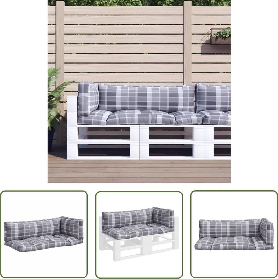 The Living Store Palletkussens Polyester Zachte Vulling 3-delig Grijs Ruitpatroon Palletkussens Outdoor Kussens Tuinkussens Balkon Kussens Lounge Set Kussens