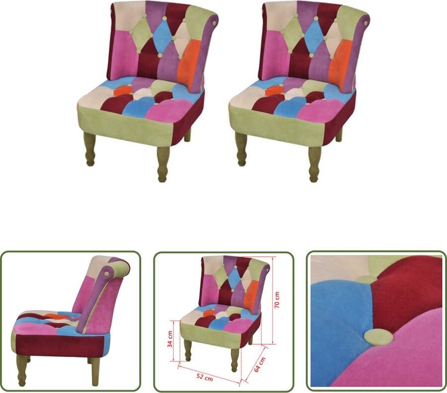The Living Store Patchwork Stoelen Set van 2 52 x 64 x 70 cm Houten Frame 110 kg Draagvermogen Meerdere Kleuren Patchwork Stoel Fauteuil Frans Eetkamerstoel Loungestoel Multikleurige Stoel - Foto 2