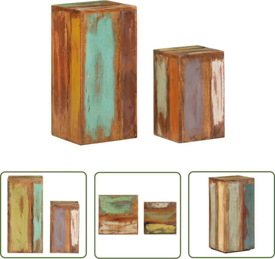 The Living Store Houten Tafeltjes Set van 2 28x28x59 cm en 23x23x39 cm Handgemaakt van gerecycled hout Houten Tafels Planthouders Vintage Meubilair Industriële Woondecoratie Eco Friendly Furniture - Foto 2