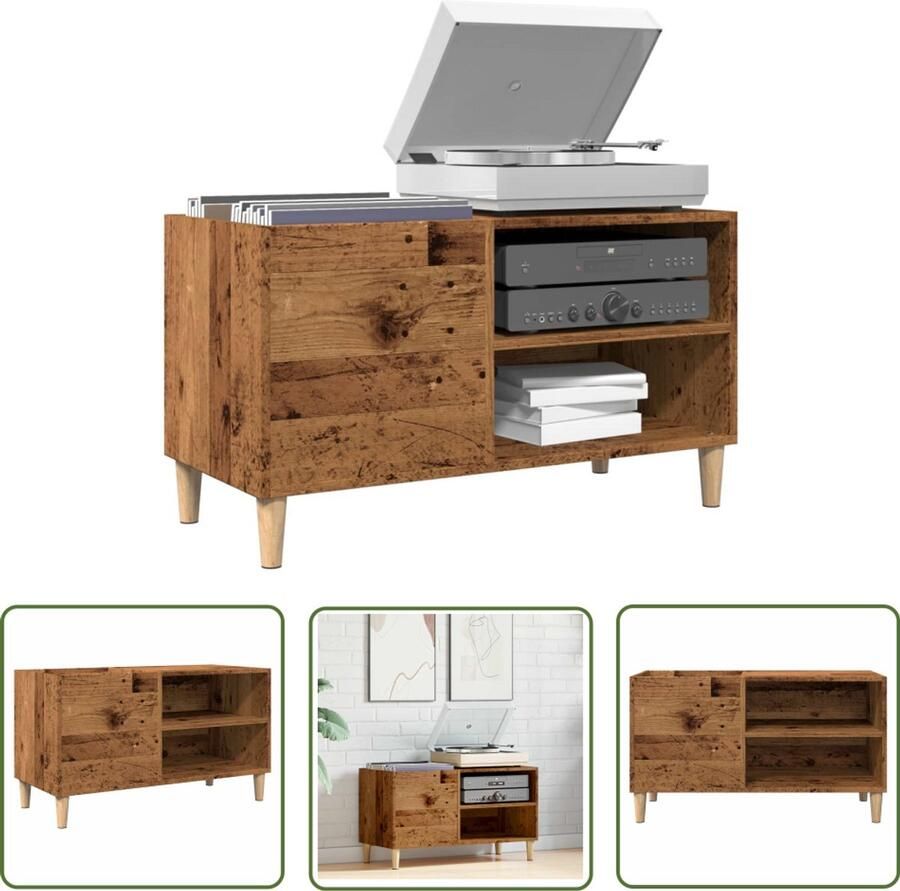 The Living Store Platenkast 84 5x38x48 cm bewerkt hout oud houtkleurig Vinylplaat Opslag Platenspelers Cabinet Vintage Decoratie Houtschildering Bibliotheekkast