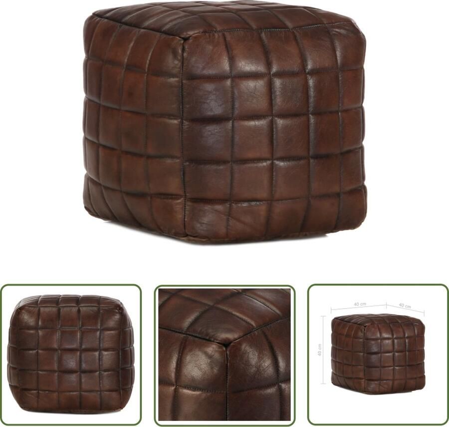The Living Store Poef 40x40x40 cm echt geitenleer donkerbruin Poef Lederen Poef Geitenleren Poef Vintage Poef Salontafel - Foto 2