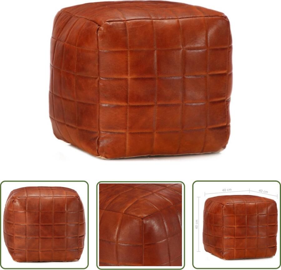 The Living Store Poef Geitenleer 40 x 40 x 40 cm Handgemaakt Tan Poef Lederen Poef Geitenleren Poef Vintage Poef Salontafel