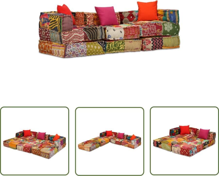 The Living Store Modulaire Slaapbank Meerkleurig 200x70x58cm Inclusief 3 kussens Katoenen bekleding Uniek patchwork design Modulaire Bank Patchwork Bank Lounge Bank Slaapkamer Meubilair Huiskamer Meubels