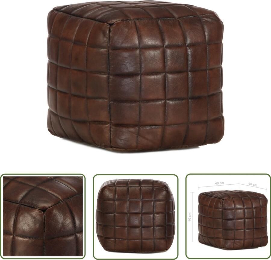The Living Store Poef 40x40x40 cm echt geitenleer donkerbruin Poef Lederen Poef Geitenleren Poef Vintage Poef Salontafel