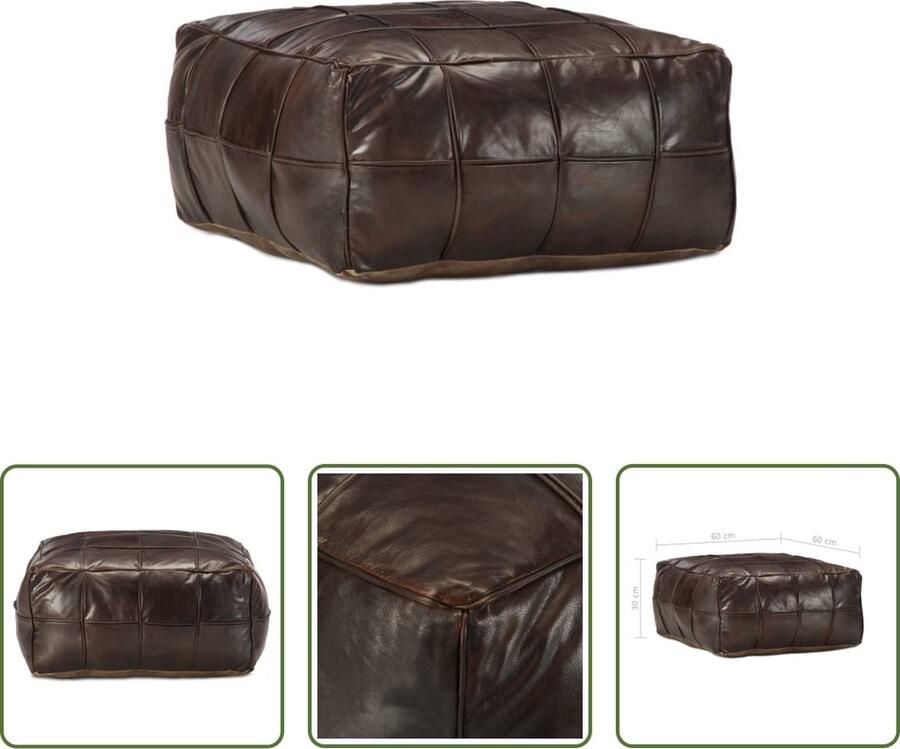 The Living Store Poef Geitenleer Vintage 60x60x30cm Donkerbruin