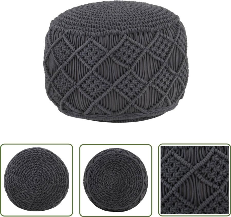 The Living Store Poef macramé handgemaakt 45x30 cm katoen antraciet Macrame Poef Handgemaakte Poef Woonaccessoires Vloerkleed Stoffen Poef