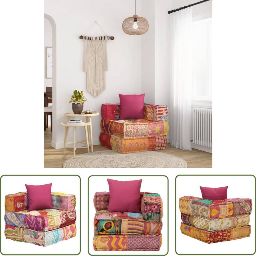 The Living Store Poef modulair met kussen patchwork stof Poef Multifunctioneel Meubel Patchwork Loungehoek Salontafel