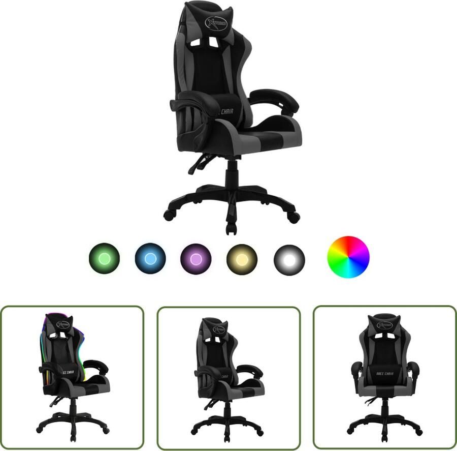 The Living Store Gamestoel Luxe gaming stoel Kunstleer Verstelbaar Met LED verlichting Grijs Zwart 64 x 65 x (111.5 119) cm Gamingstoel Racecarstoelen Gamers Chair Bureausteen Computerstoel - Foto 2