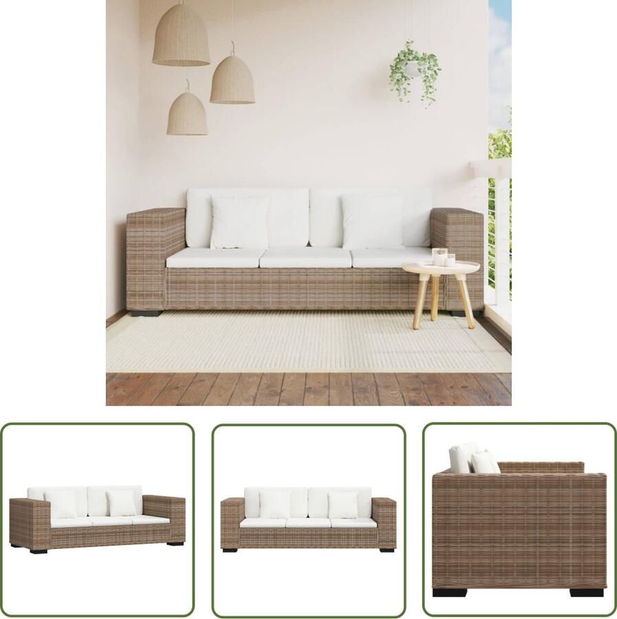 The Living Store Rattan Driezitsbank 200 x 80 x 61 cm Natuurlijk rattan Crèmewit linnen kussens Rattan Bank Salontafel Lounge Meubilair Eetkamerstoel Binnenbank - Foto 3