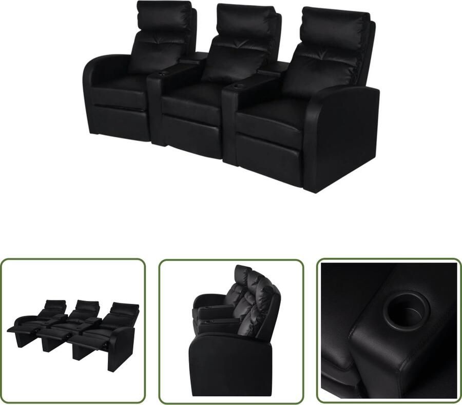 The Living Store Driedubbele relaxfauteuil met middenleuning kunstleer zwart Fauteuil - Foto 2