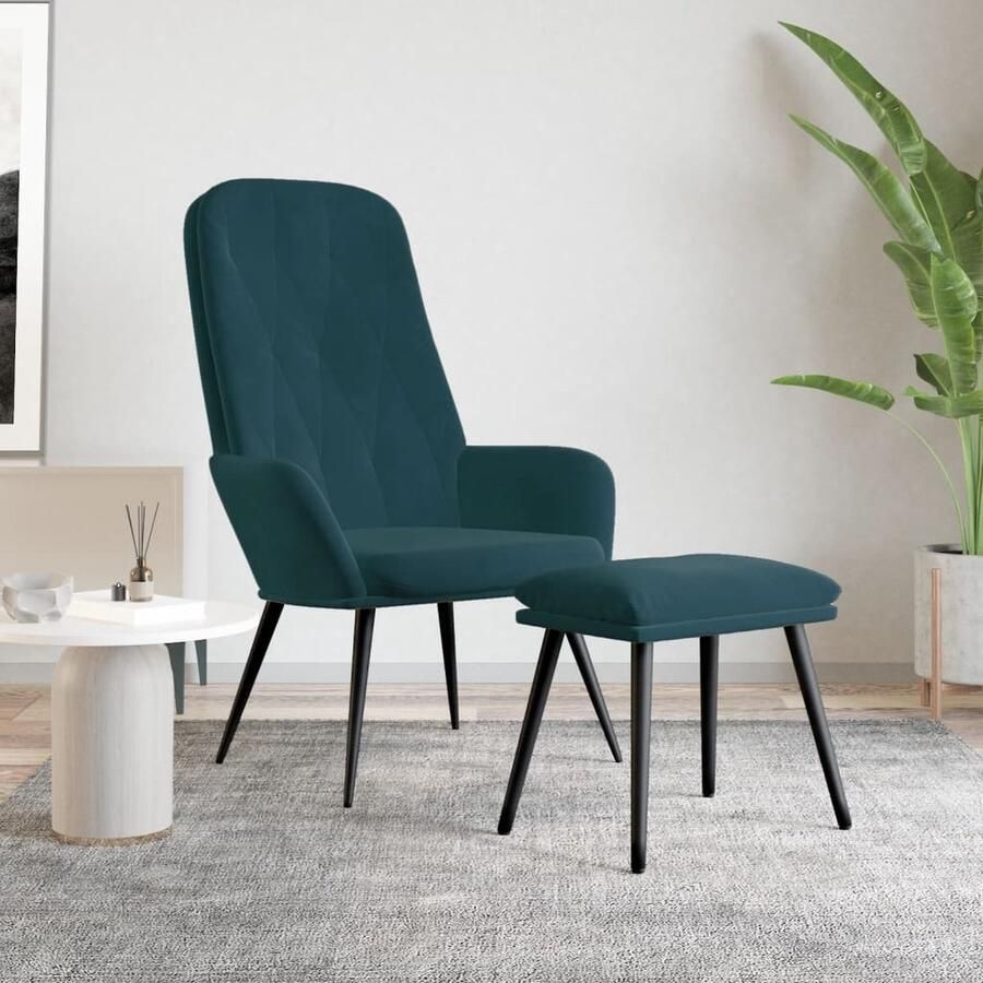 The Living Store Relaxstoel Blauw 70 x 77 x 98 cm Zacht fluweel Stevig frame Extra comfort Trendy ontwerp Incl voetenbank - Foto 2