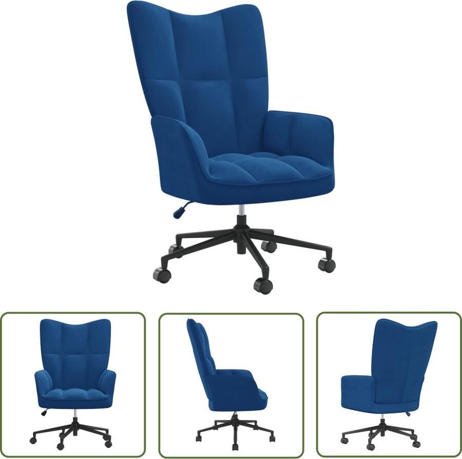 The Living Store Relaxstoel blauw fluweel 61.5 x 69 x (94.5 102) cm verstelbaar met wieltjes Relaxstoel Fluweel Stoel Blauwe Stoel Ergonomische Stoel Kantoorstoel - Foto 2