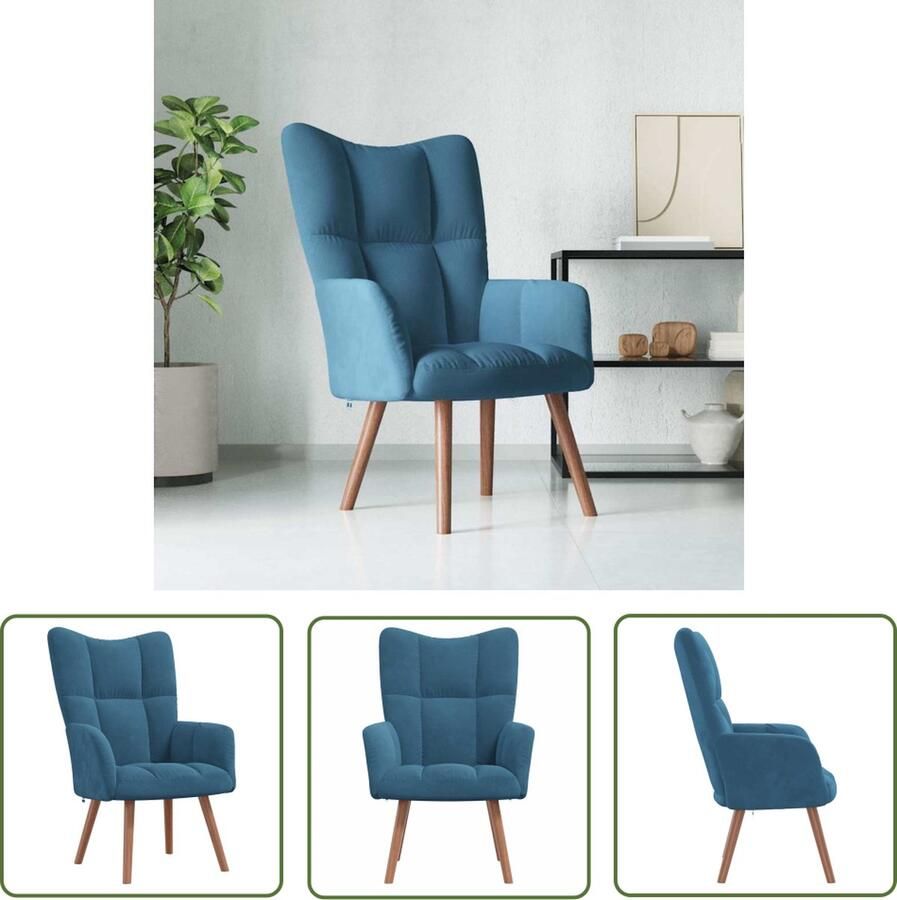The Living Store Relaxstoel Blauw Fluweel 61.5x69x95.5 cm Blokpatroon Schuim Relaxstoel Fauteuils Lounge Chair Blauwe Meubels Velvet Meubel - Foto 2