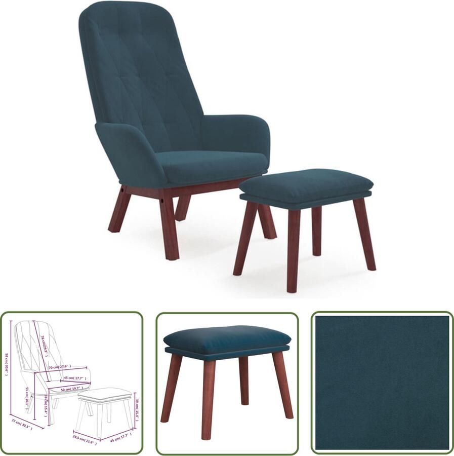 The Living Store Relaxstoel Blauw Fluweel Massief rubberwood Stevig frame Extra comfort Trendy ontwerp Afmetingen 70 x 77 x 98 cm Voetenbank 45 x 29.5 x 39 cm